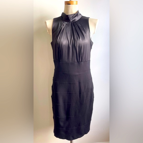 Donna Ricco Dresses & Skirts - Donna Ricco NY Black Satin Sleeveless Bandage Dress 8 Bodycon High Neck Bow